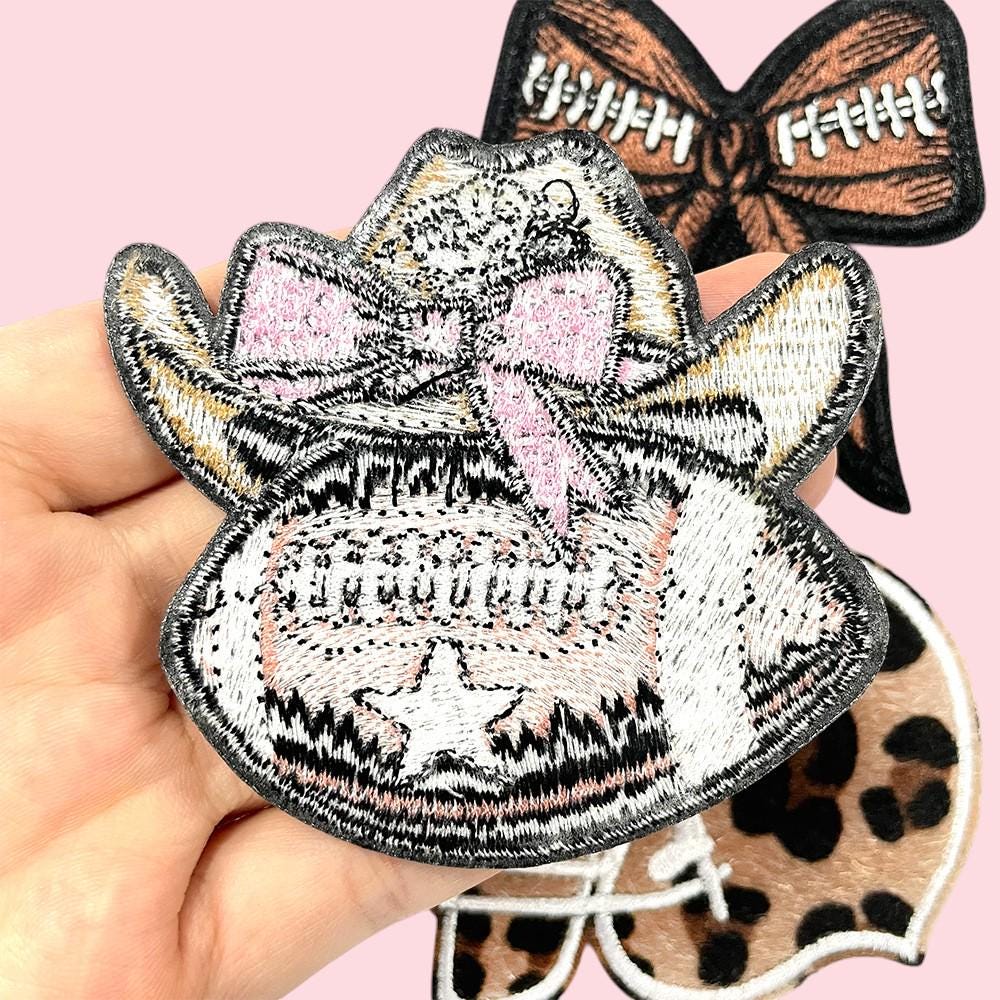 Football Bow Embroidered Patch, Leopard Football Helmet, Bow Cowboy Hat with Football Game Day Patch