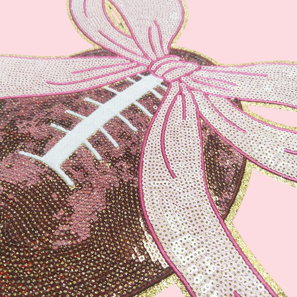 Large Football with Pink Bow Sequin Iron On Patch