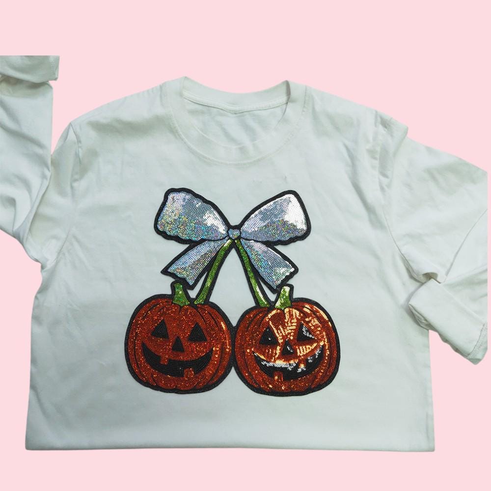 Halloween Pumpkin Cherry Bow Sequin Iron On Patch