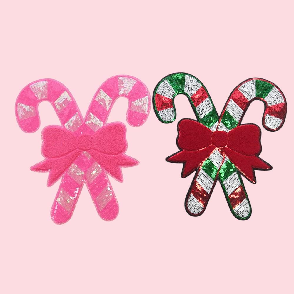Pink Candy Cane with Bow Sequin Christmas Chenille Patch