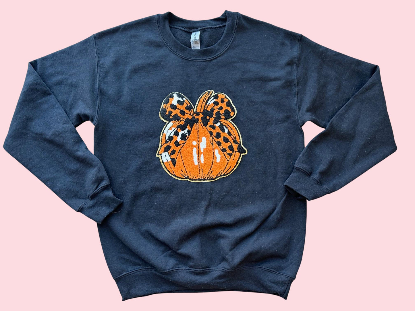 Pumpkin with Leopard Bow Chenille Iron On Patch