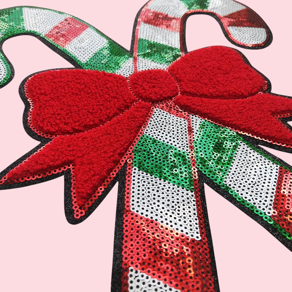 Candy Cane with Bow Sequin Chenille Holiday Patch