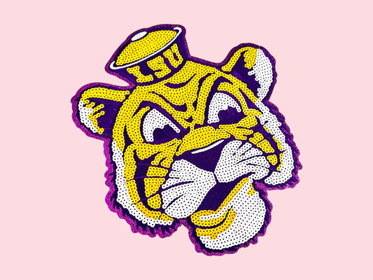 Large LSU Tiger Mascot Sequin Iron On Patch