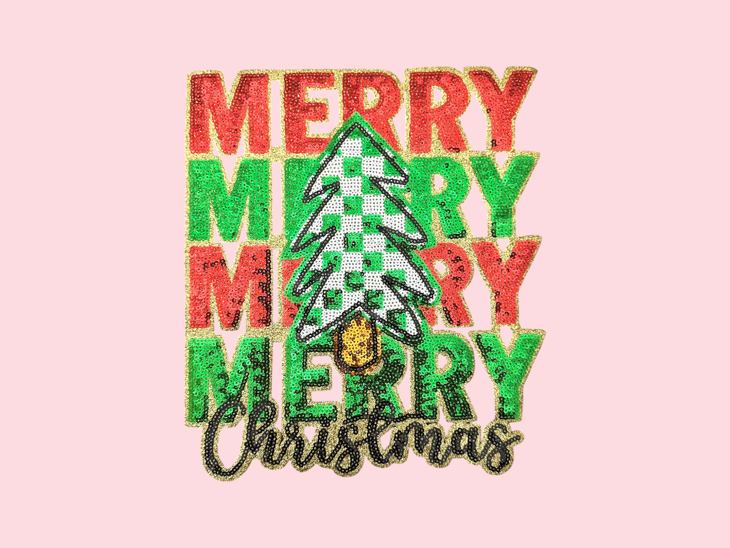 Merry Christmas Checkered Christmas Tree Sequin Iron On Patch