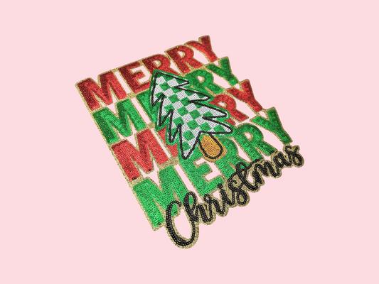 Merry Christmas Checkered Christmas Tree Sequin Iron On Patch