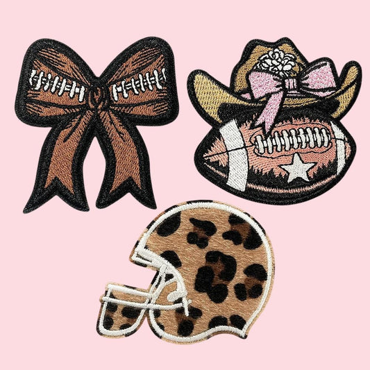 Football Bow Embroidered Patch, Leopard Football Helmet, Bow Cowboy Hat with Football Game Day Patch