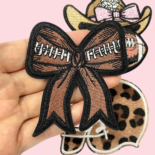 Football Bow Embroidered Patch, Leopard Football Helmet, Bow Cowboy Hat with Football Game Day Patch