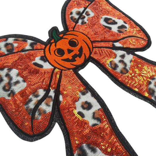 Large Pumpkin Leopard Bow Halloween Iron On Patch