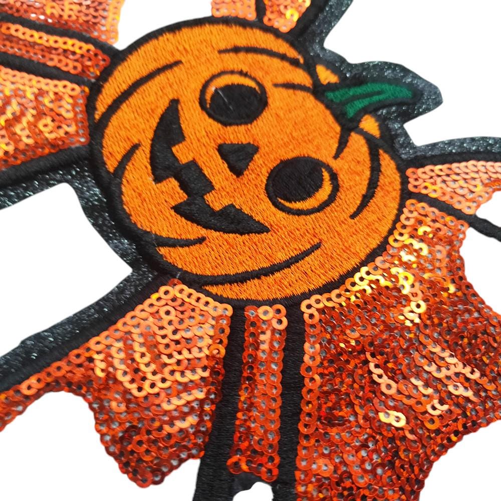 Large Pumpkin Leopard Bow Halloween Iron On Patch