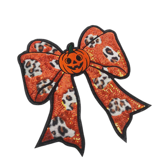 Large Pumpkin Leopard Bow Halloween Iron On Patch