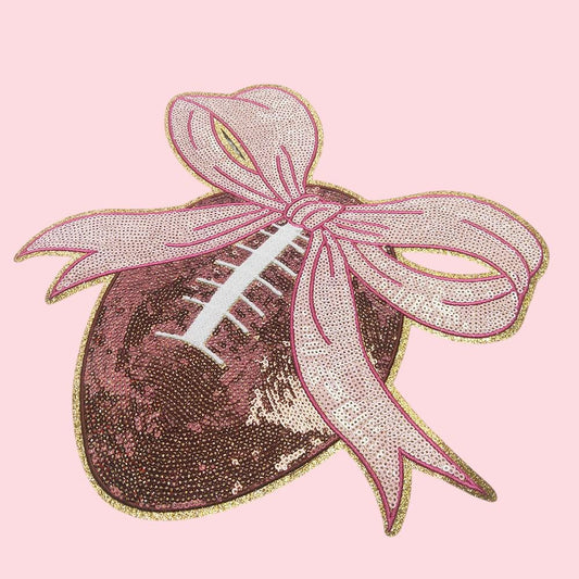 Large Football with Pink Bow Sequin Iron On Patch