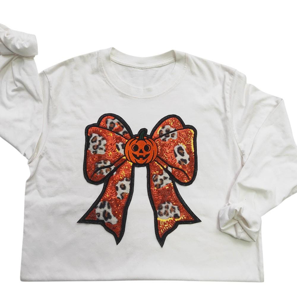 Large Pumpkin Leopard Bow Halloween Iron On Patch
