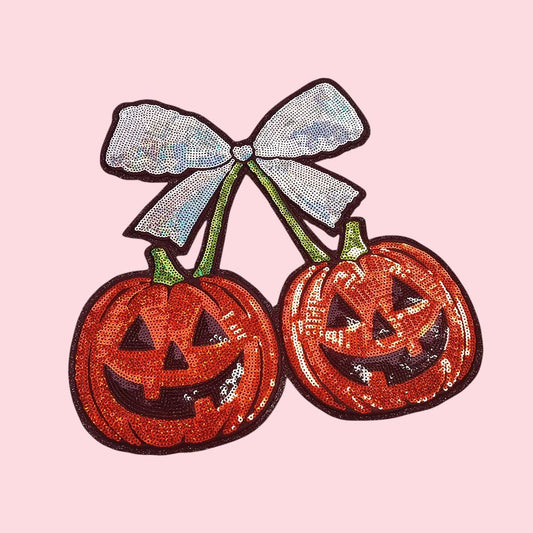 Halloween Pumpkin Cherry Bow Sequin Iron On Patch