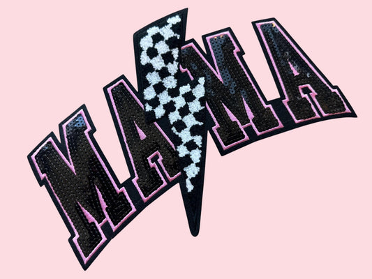 Mama Checkered Lightning Bolt Chenille Sequin Patch