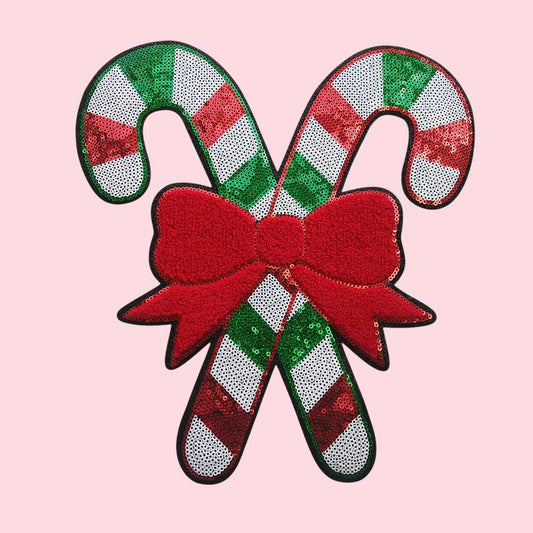 Candy Cane with Bow Sequin Chenille Holiday Patch