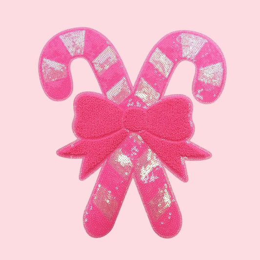 Pink Candy Cane with Bow Sequin Christmas Chenille Patch
