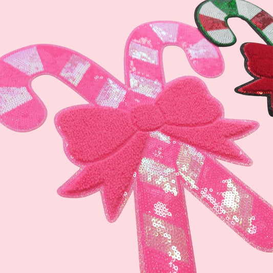 Pink Candy Cane with Bow Sequin Christmas Chenille Patch