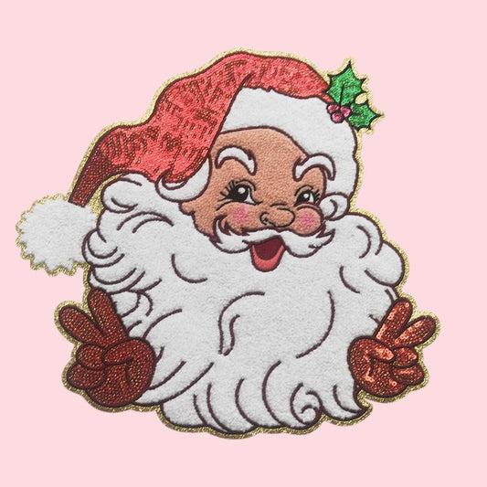 Santa Peace Sign Sequin Iron On Patch