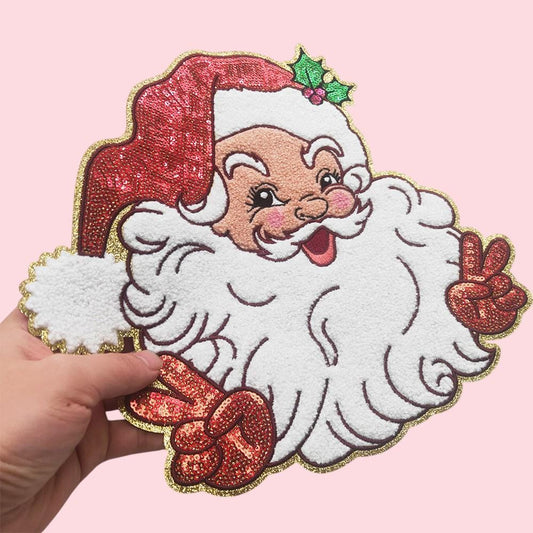Santa Peace Sign Sequin Iron On Patch