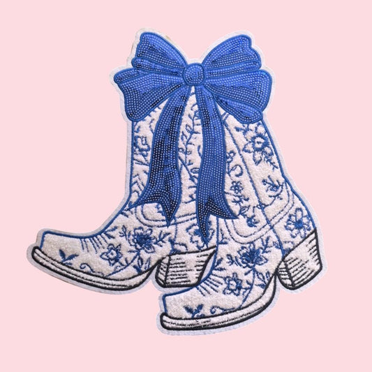 Blue Cowboy Boot Sequin Bow Patch