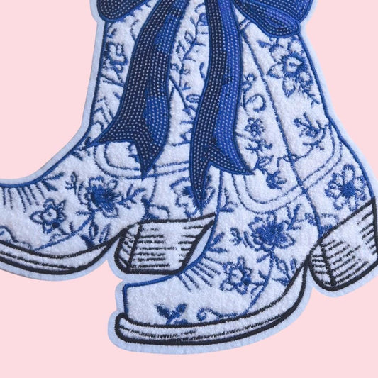 Blue Cowboy Boot Sequin Bow Patch