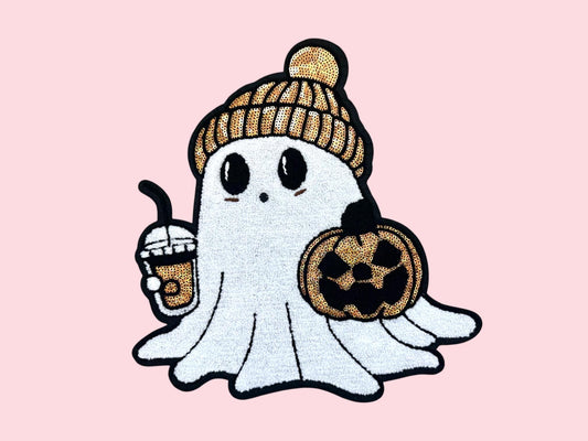 Halloween Sequin Ghost with Pumpkin and Coffee Iron On Patch