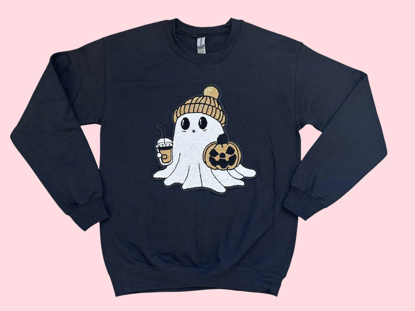 Halloween Sequin Ghost with Pumpkin and Coffee Iron On Patch
