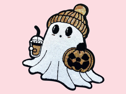 Halloween Sequin Ghost with Pumpkin and Coffee Iron On Patch