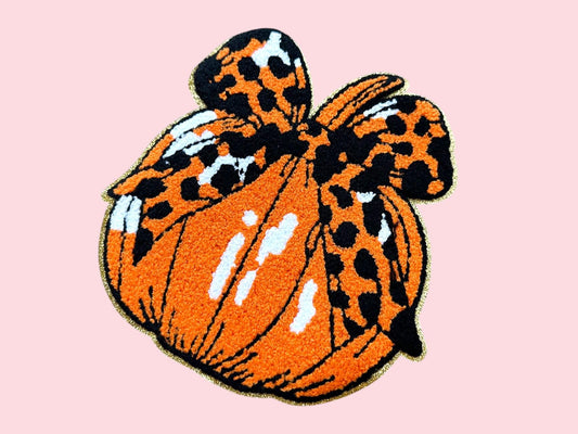 Pumpkin with Leopard Bow Chenille Iron On Patch