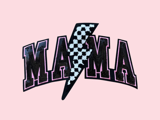 Mama Checkered Lightning Bolt Chenille Sequin Patch
